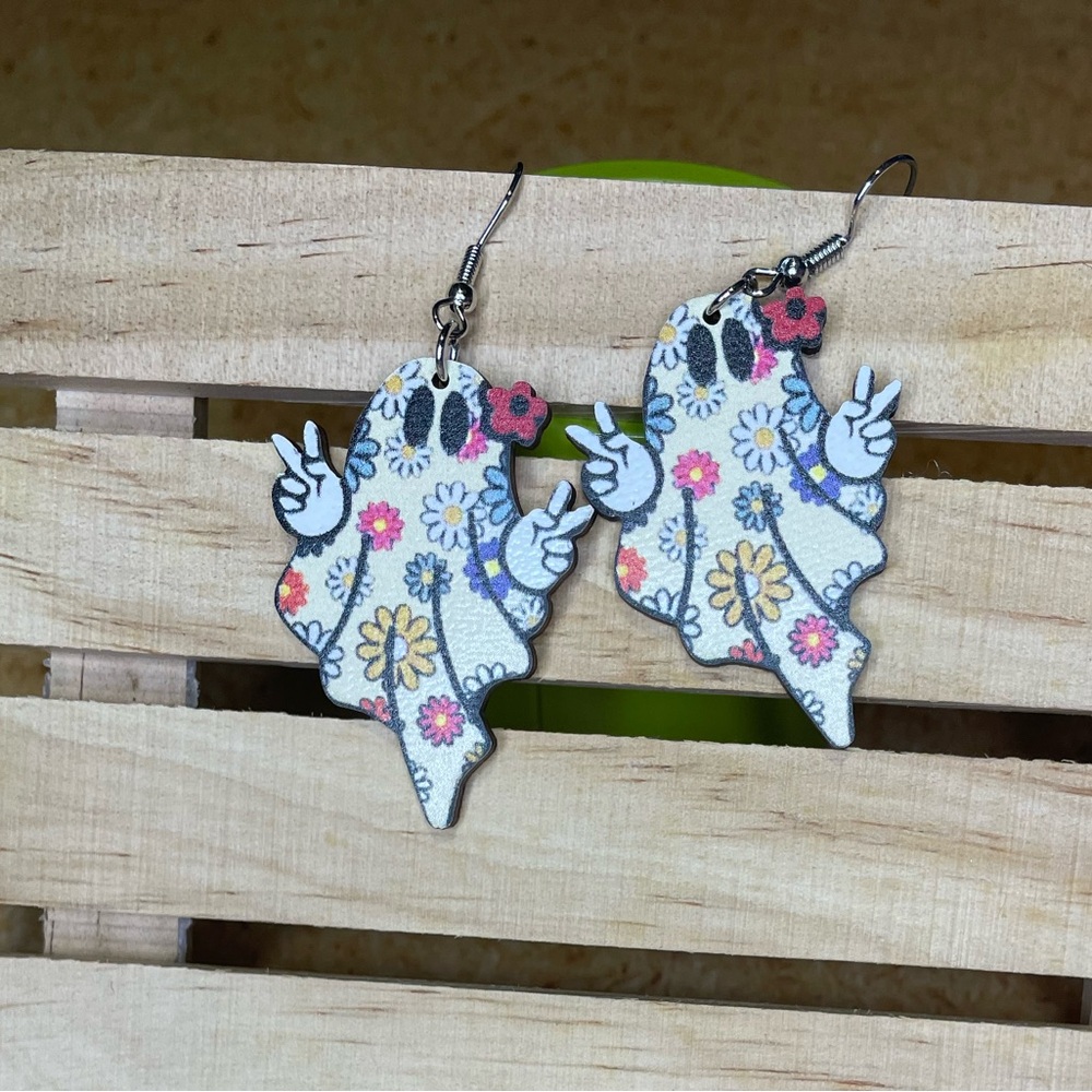 Wooden Floral Ghost Earrings